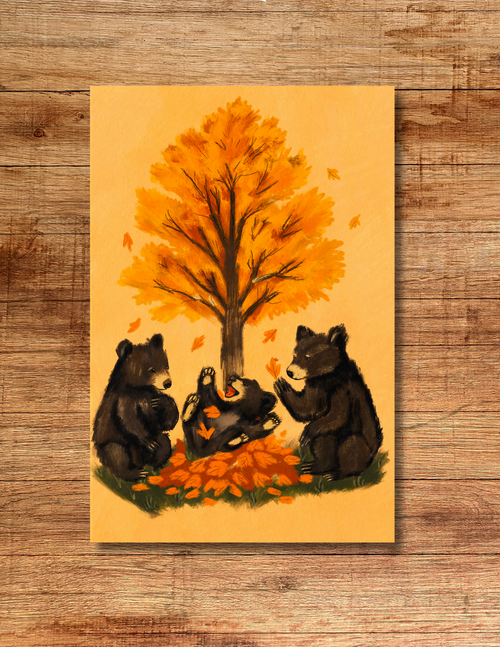 Bears playing in fall leaves - 4x6 art print