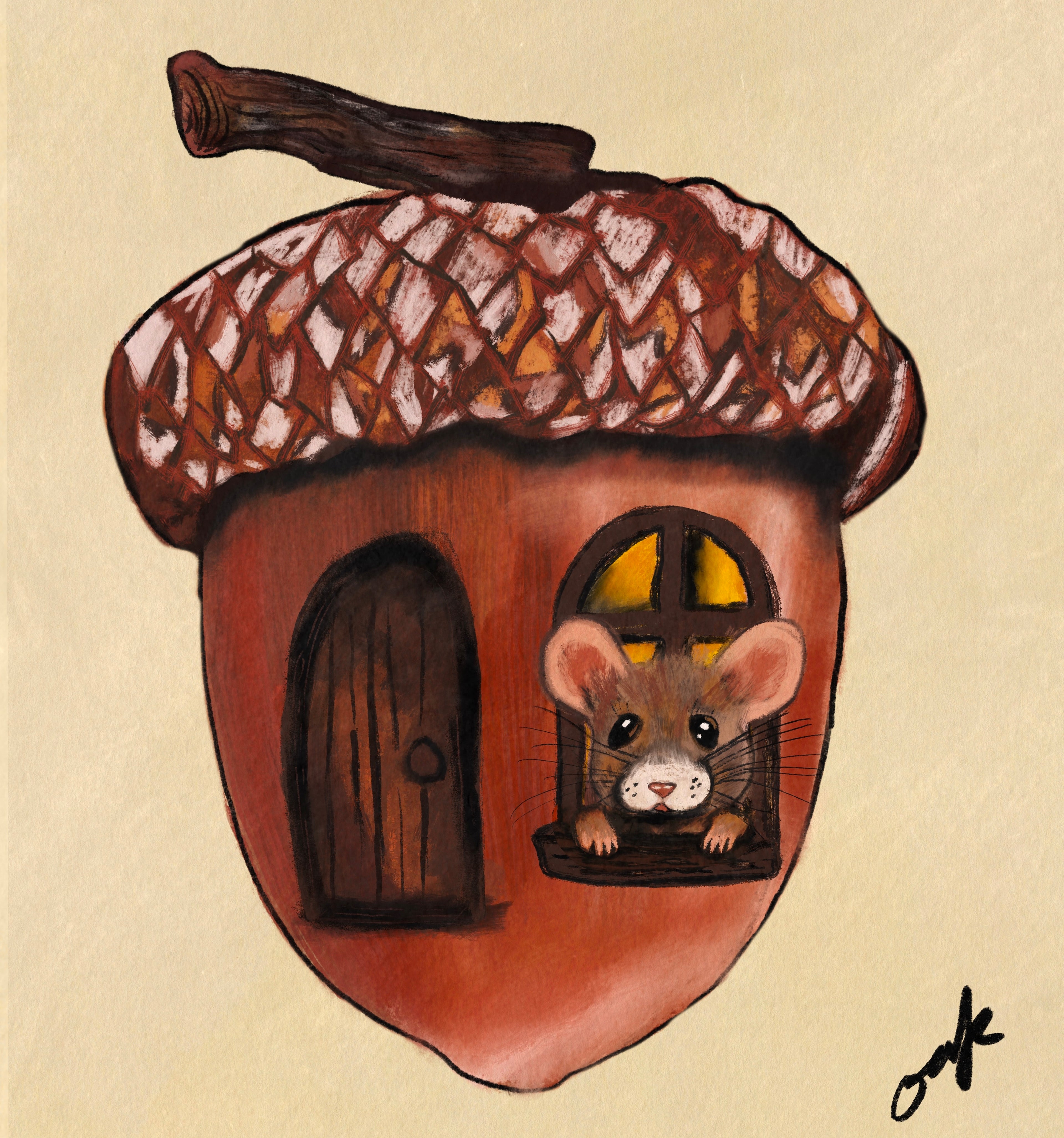 Mouse in a Tiny Acorn Home – 4x6 Art Print